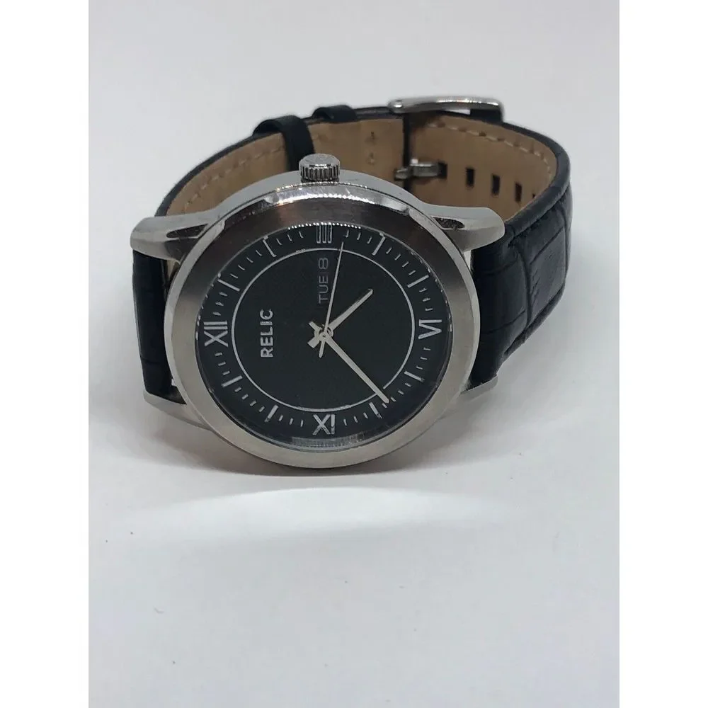 Relic ZR77267 Men's Black Leather Analog Black Dial Quartz Genuine Watch HO184